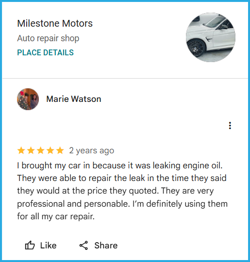 Review of Milestone Motors By Marie Watson