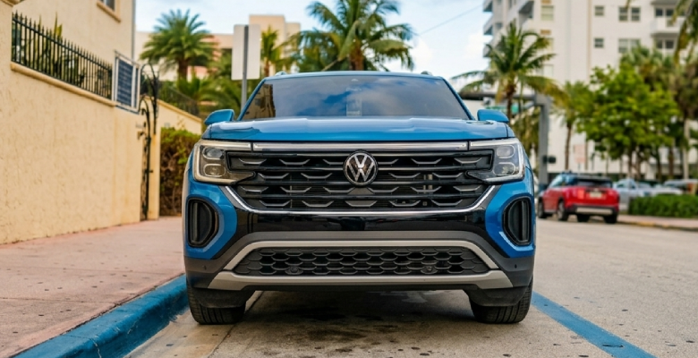Blue Volkswagen Atlas Cross Sport crossover car parked outdoors.<br />

